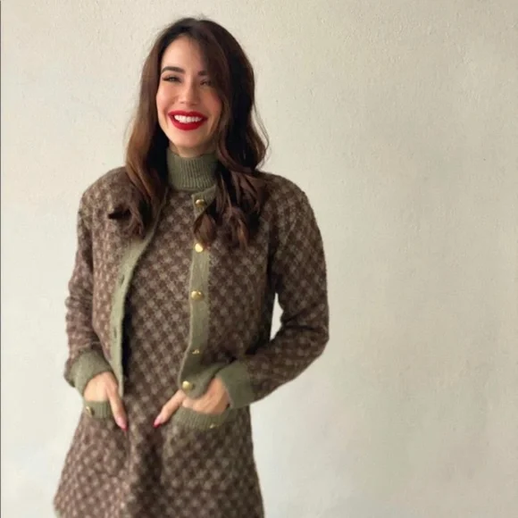 NWT ZARA PLAID CHECKERED KNIT CARDIGAN WITH GOLDEN BUTTONS L